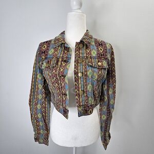 Tribal Pattern Cropped Jean Jacket